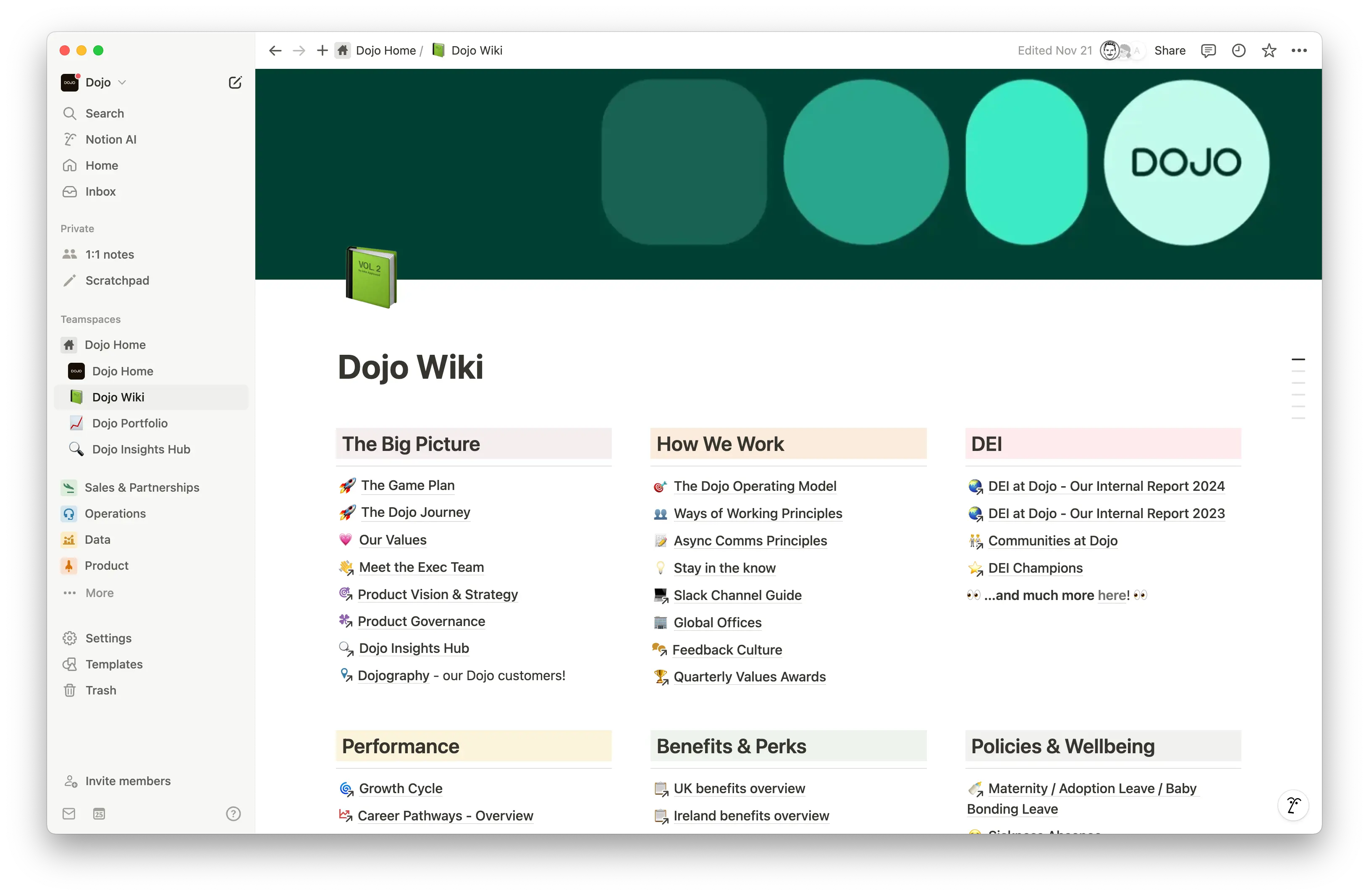 Dojo's wiki in Notion fungeert als centrale kennishub waar teams eenvoudig essentiële bedrijfsinformatie kunnen vinden, bijwerken en delen. Het statische intranet van vroeger is vervangen door een dynamische, doorzoekbare workspace.