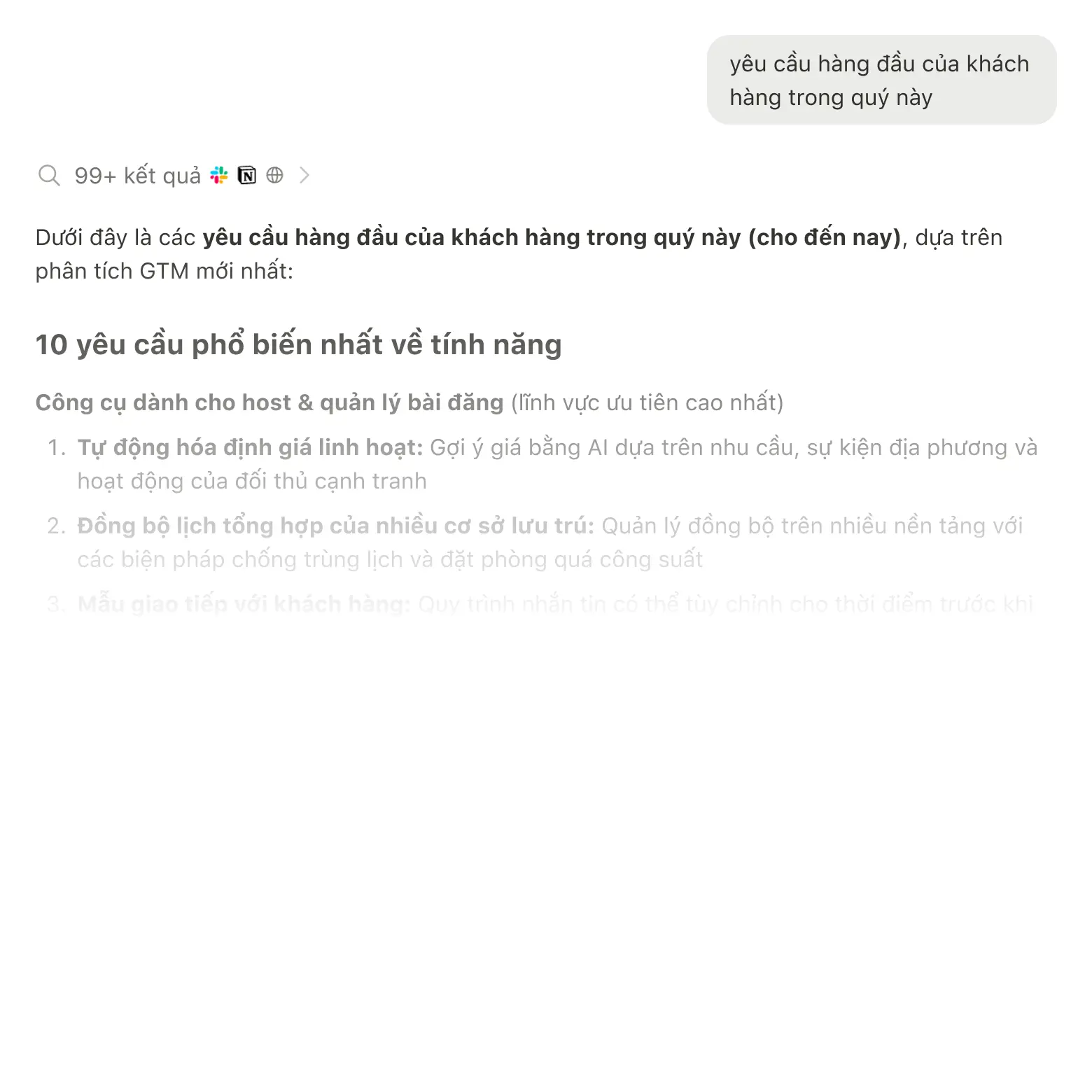 Kết quả tìm kiếm hiển thị thông tin từ Slack, Google Drive và Jira