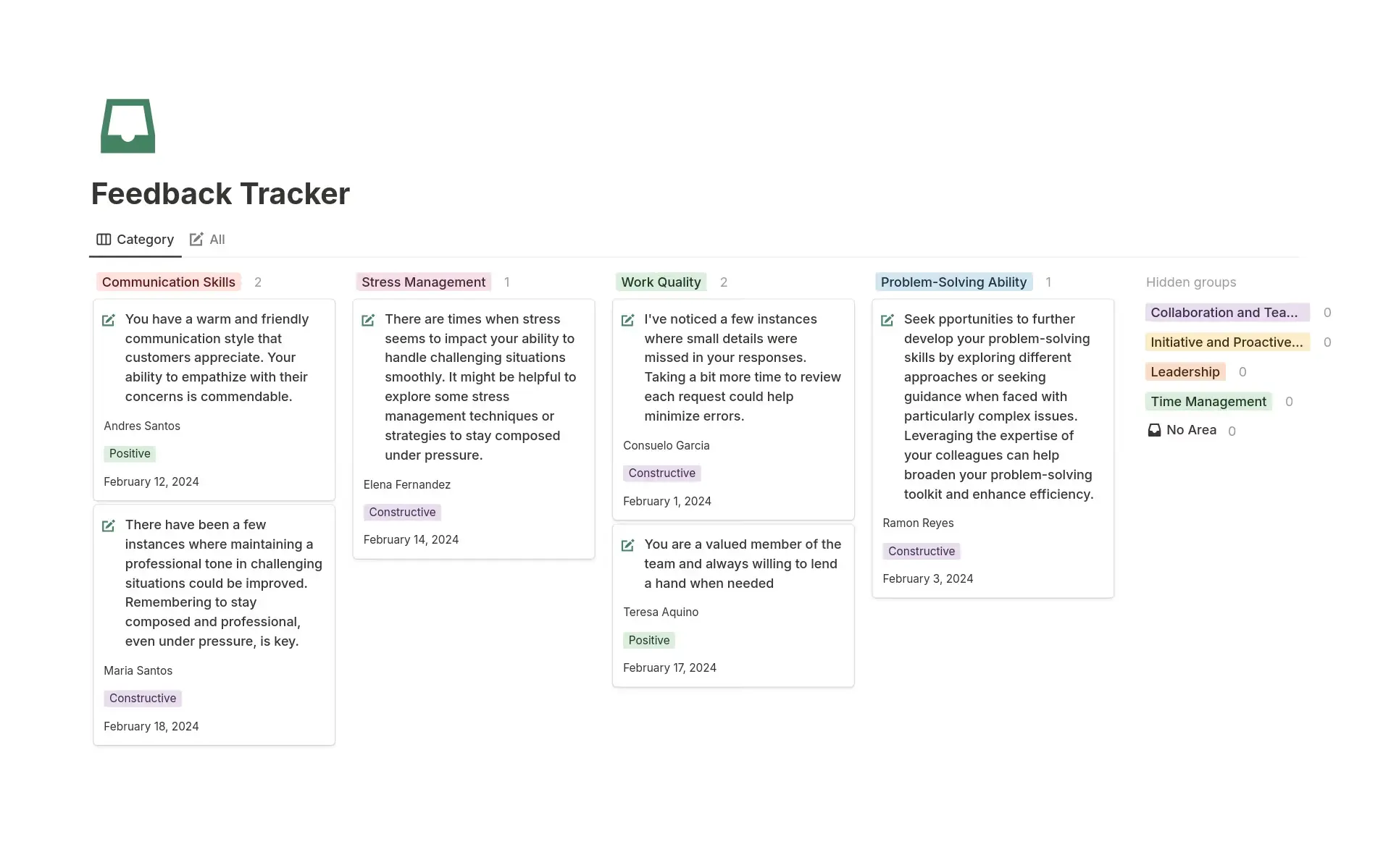 Notion’s feedback tracker shows categorized cards for communication, stress management, work quality, and problem-solving.
