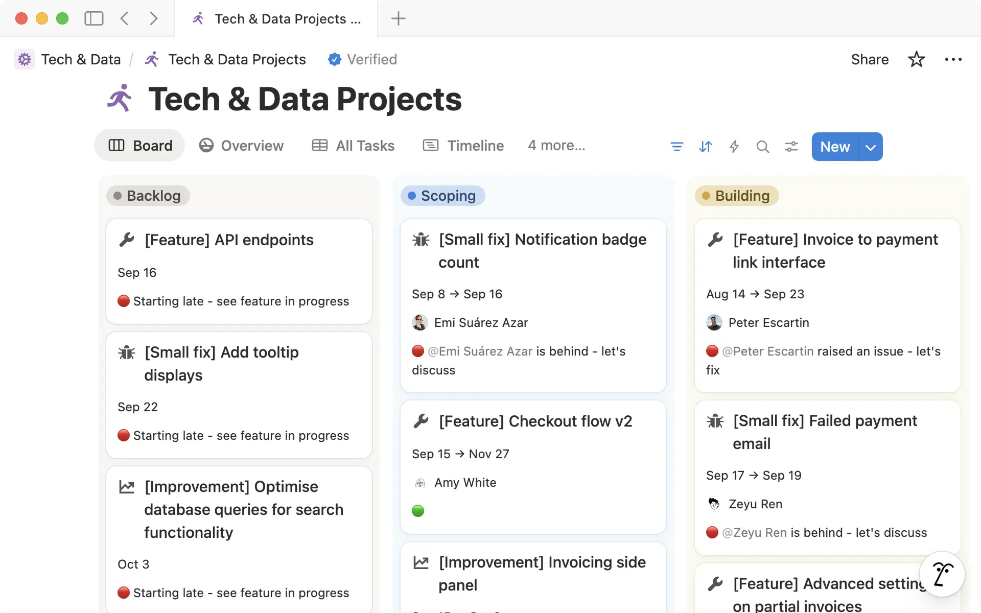 Qonto erstellt Kanban-Boards wie dieses in Notion-Datenbanken, um eine strukturierte und transparente Planung zu unterstützen.