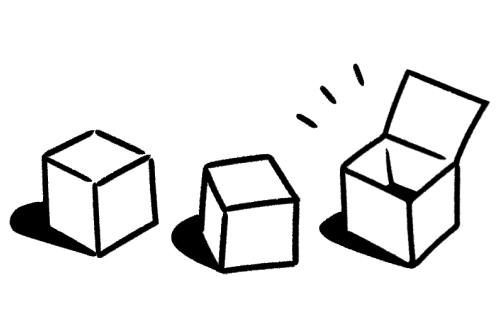 极简黑白线描:两个封闭的盒子和一个打开的盒子。